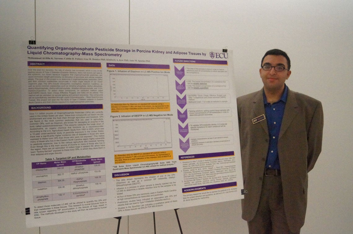 Man standing next to poster on Quantifying Organophosphate Pesticide Storage in Porcine Kidney and Adipose Tissues by Liquid Chromatography-Mass Spectrometry.