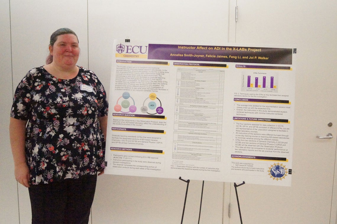 Analisa Smith-Joyner standing with her poster about Instructor Affect on ADI in the X-LABs Project.