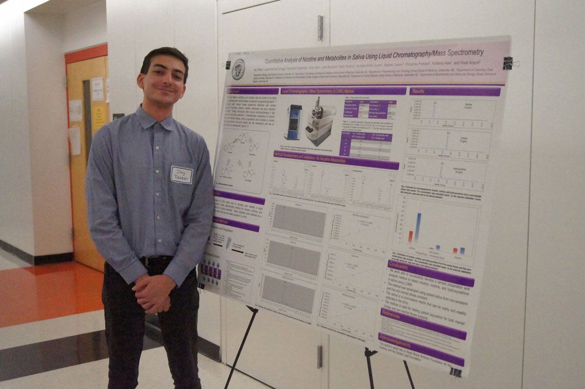 Jay Tikekar standing next to his poster about Quantitative Analysis of Nicotine and Metabolites in Saliva Using Liquid Chromatography/Mass Spectrometry.